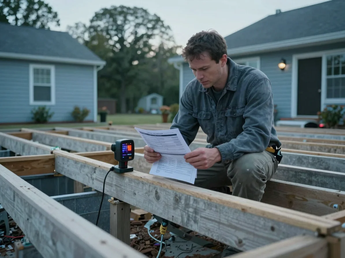 Wide documentary view of a North Carolina raised-home crawlspace with a technician reviewing a printed inspection report